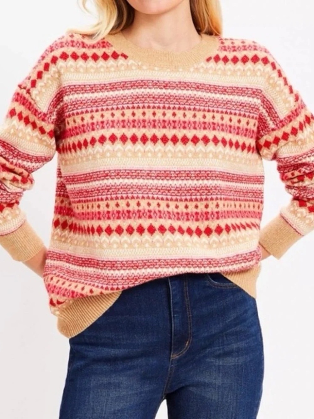 LOFT Geo Fair Isle Knit Crewneck Sweater Beach Heather Tan Pink Red Medium NWT
